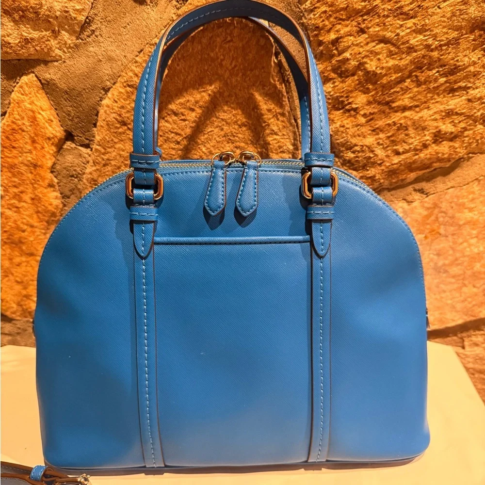 Coach Peyton Leather Cora Domed Satchel in blue saffiano leather